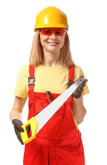 Female carpenter on white background