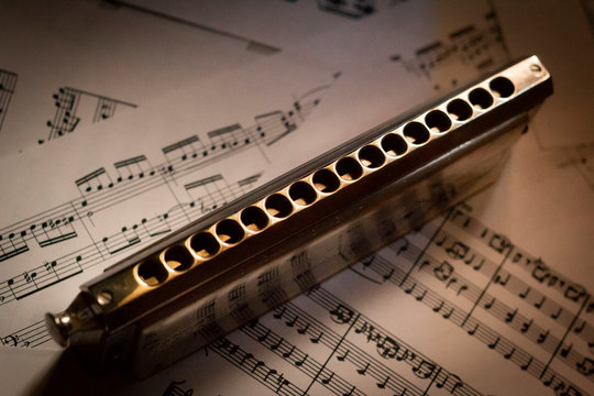 armonica sobre un fondo de partituras musicales 