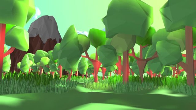A walk in the great outdoors in a low poly green forest mountain valley Cartoon