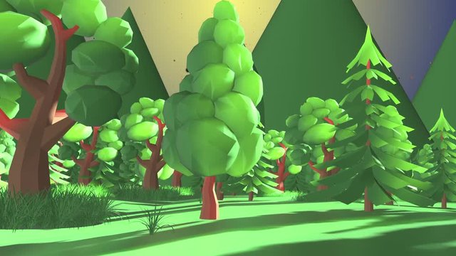 Beautiful nature low poly landscape of trees and grass in valley Cartoon