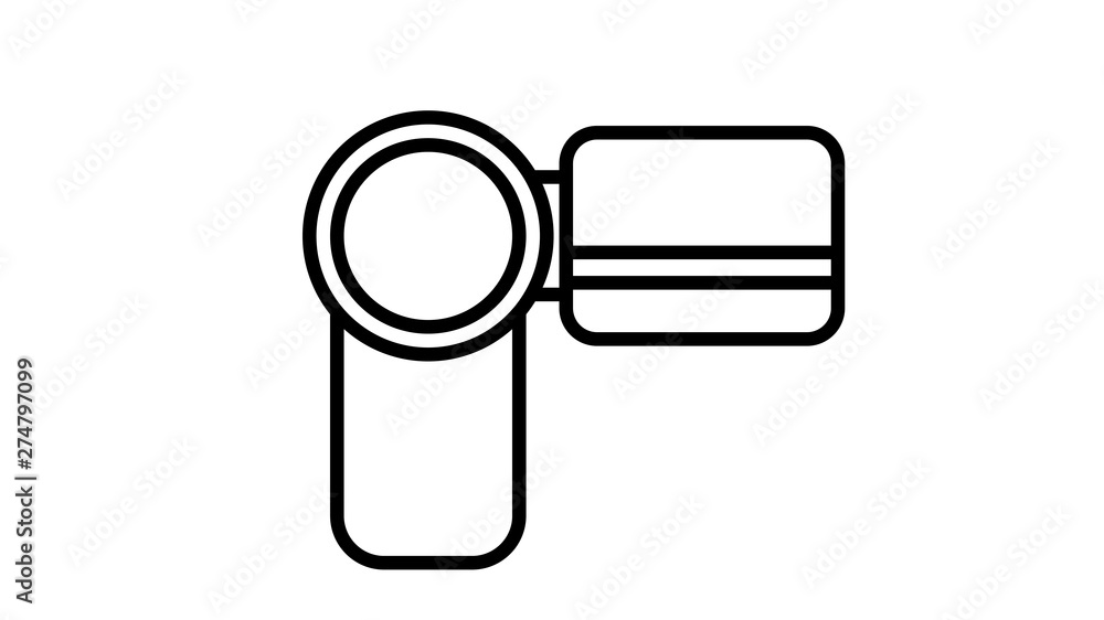 Poster vector illustration of a linear black and white flat icon of a digital video camera with a sliding s