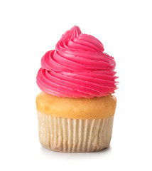 Sweet tasty cupcake on white background