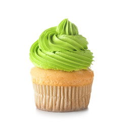 Sweet tasty cupcake on white background