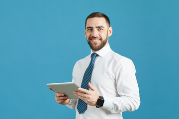 Positive handsome young manager with beard standing against blue wall and using digital tablet...
