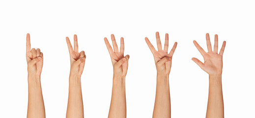 Multiple female caucasian hand gestures isolated over the white background, set of multiple images