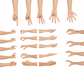 Multiple female caucasian hand gestures isolated over the white background, set of multiple images