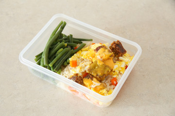 Delicious Prep Homemade Food. Rice, Soya Meat, and Green Beans.