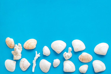 Obraz na płótnie Canvas shells and seaside background for blog or desktop on blue table top view mockup