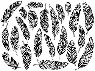 Tribal Feathers set decoration. Ethnic boho style hand drawing. © ArinaKram