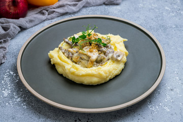 Stroganoff with beef on grey plate