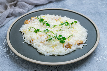 risotto with porcini mushrooms on grey plate