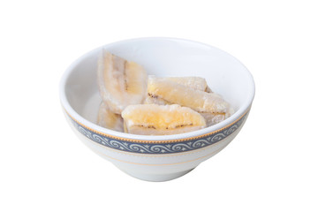 Ready served cultivated banana in coconut milk .