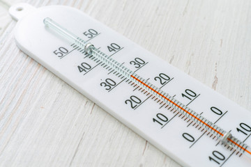 extreme close up macro of white plastic thermometer scale on wooden surface