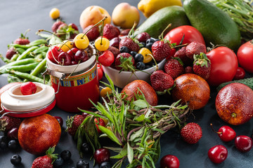 huge variety of fresh raw harvest of fruit vegetables and berries