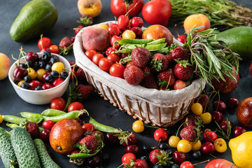new seasonal variety of fresh fruits and vegetables grocery in basket
