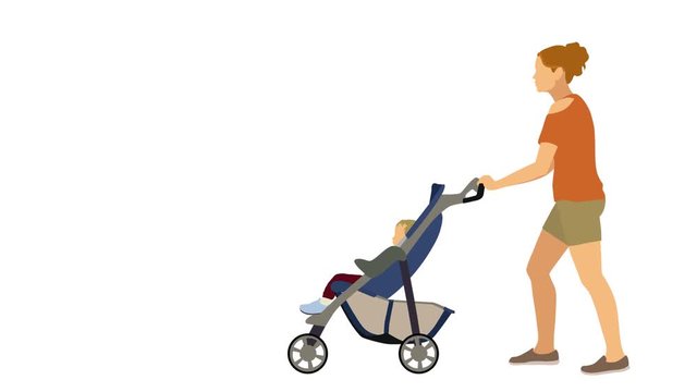 Young Mother Pushing Baby in Stroller Walk Cycle