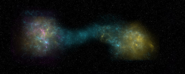 Extremely detailed and realistic high resolution illustration of two merging galaxies. Shot from Space