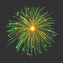 Festive fireworks with bright green and golden sparks. Realistic single firework flash on transparent background. Colorful vector element for posters decoration. Fantastic light performance in sky.