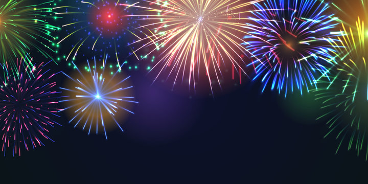 Fireworks festive banner with space for text. Realistic fireworks explosions and brightly shining sparks. Pyrotechnics show vector illustration. Colorful light performance at deep blue background