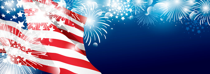 4th of july USA Independence day banner background design of American flag with fireworks vector illustration