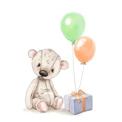 teddy bear with colorful balloons and gift