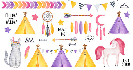 Big Tribal Set with striped kitten character, smiling horse, stars, feathers, dreamcatcher, arrows, tipi tents, bunting, various symbols. Yellow, rose, purple colors. Hand painted watercolour clipart. © Julija