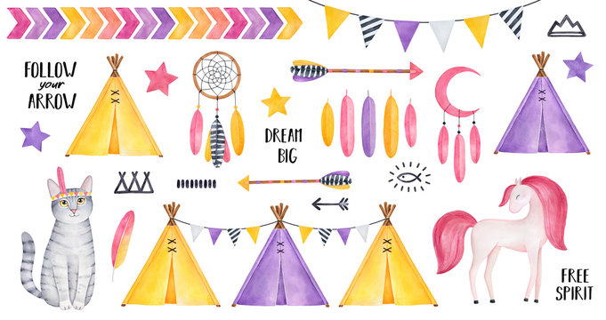 Big Tribal Set with striped kitten character, smiling horse, stars, feathers, dreamcatcher, arrows, tipi tents, bunting, various symbols. Yellow, rose, purple colors. Hand painted watercolour clipart.