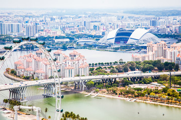 SINGAPORE, SINGAPORE - MARCH 2019: Aerial view over Singapore from Marina Bay Sands rooftop