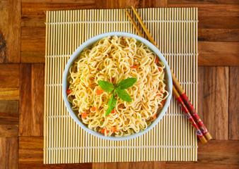 Hot noodle bowl Placed on a Japanese style wooden floor From a high angle