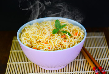 Hot noodle bowl Placed on a Japanese style wooden floor