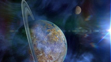 beautiful alien planet with ring system, exotic extraterrestrial world with moons (3d space illustration) © dottedyeti