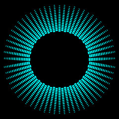 Round frame of blue rays on black background. Design for club, party, invitation. Abstract neon background for your design.