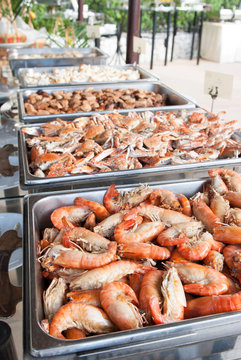 Line buffet seafood set up, Shrimp, Squid, Crab food. -Image.