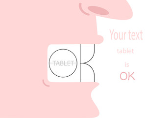 Advertising drugs. Illustration of taking a pill. The tablet and teeth form the inscription OK. Vector illustration.