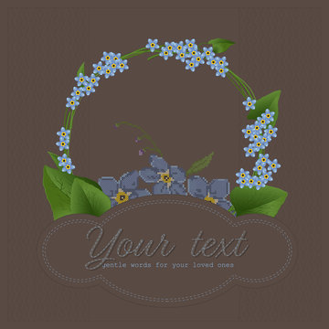 Fototapeta Forget-me-not. Delicate floral wreath, frame and banner for the inscriptions on the background of a dark geometric pattern. Card. Vector