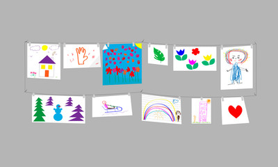 Children's drawings. Gallery on a gray background. Vector illustration.