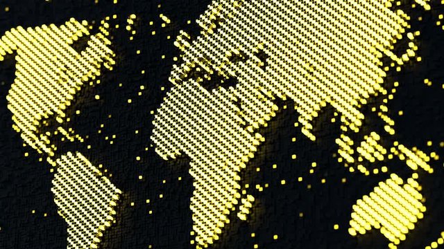 World map of glowing pixels. Futuristic information technology concept. Computer generated seamless loop 3D render animation with DOF