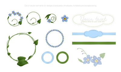 Forget-me-not. Frames, banner, satin ribbons, wreaths, embroidered flowers, brooches. Set of vector elements for creating cards, invitations, scrapbooking.
