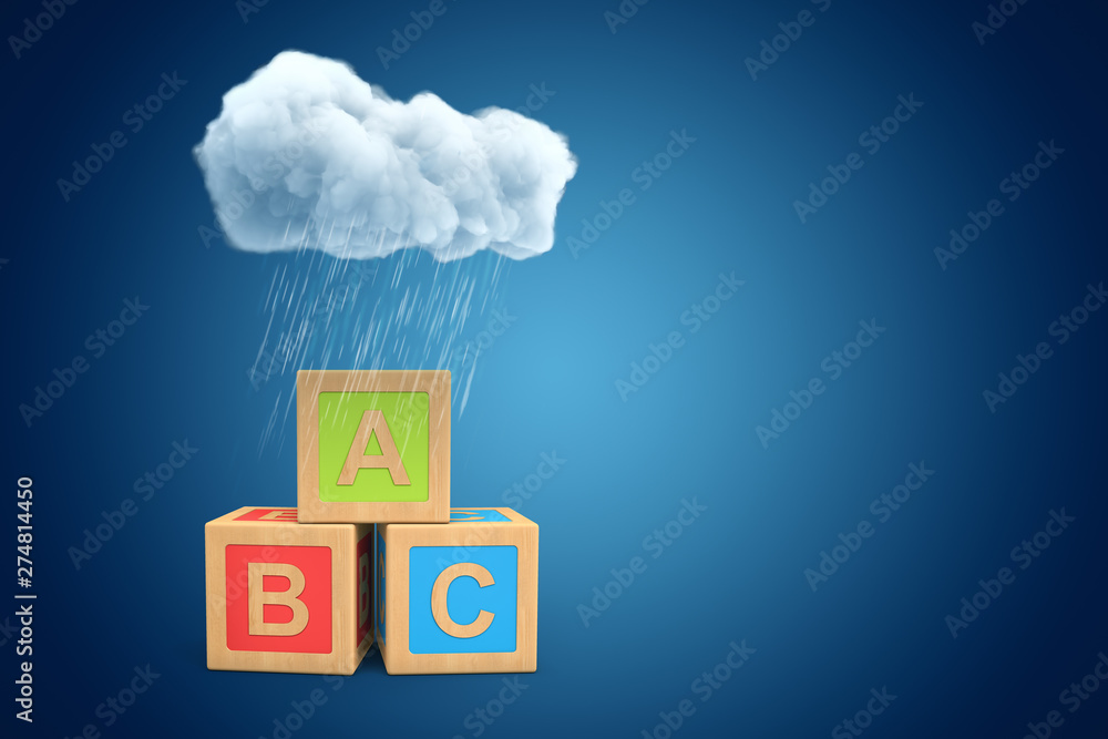 Poster 3d rendering of three abc blocks standing under raining cloud on blue copyspace background.
