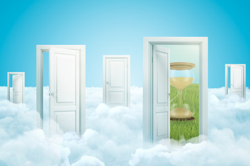 3d rendering of white clouds with open doorways and sand glass on blue background