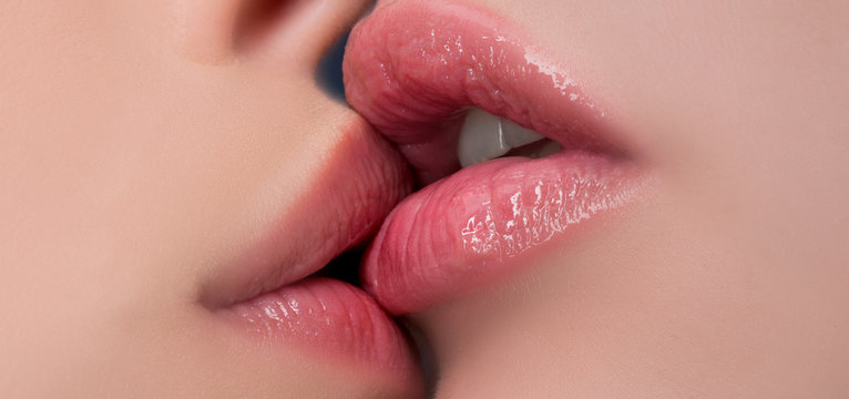 Oral pleasure. Couple girls kissing lips close up. Sensual touch kissing sexual activity. Hot foreplay. Lip care. Sex education. Sensual wet female lips kissing. Lesbian kiss. Lesbian pleasures