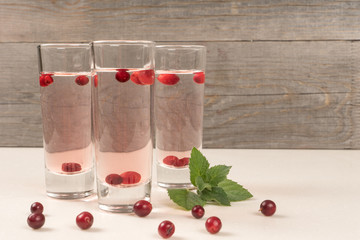 vodka or schnaps with cranberries in shot glass