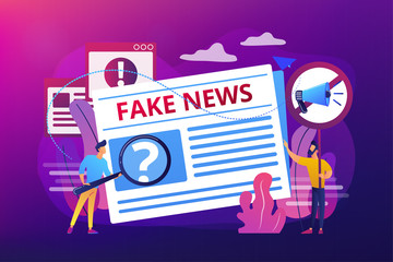 False information broadcasting. Press, newspaper journalists, editors. Fake news, junk news content, disinformation in media concept. Bright vibrant violet vector isolated illustration
