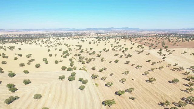 aerial view and landing on agricultural fields next to Hinojosa del Duque, province of Cordoba, Andalusia, Spain