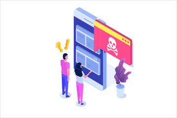 Smartphone virus malware trojan notification or alert. Hacker attack, Mobile security vector concept.