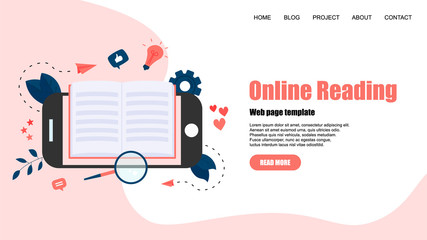 Webpage Template. Flat design open book. Reading concept. Vector illustration	