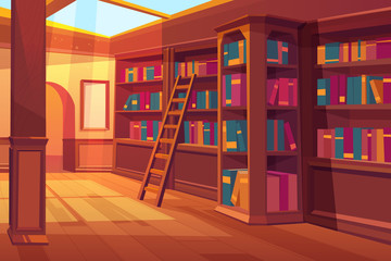 Library interior, empty room for reading with books on wooden shelves, ladder, glass window on roof with falling sun rays. Cozy place for litareture collection, athenaeum Cartoon vector illustration