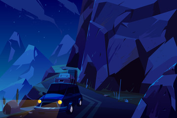 Summer vacation, holidays travel by car loaded with baggage bags on roof, going on serpentine road high in mountains at night time. Family leisure on nature, overseas trip, cartoon vector illustration