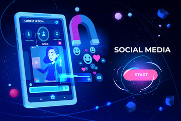 Social media web banner. Magnet attracting likes, feedbacks and followers from smartphone with girl profile on screen. Smm strategy futuristic neon background Cartoon vector illustration, landing page