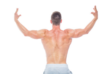 Powerful back. Strong Athletic Man - Fitness Model showing his perfect body isolated on white background with copyspace. Bodybuilder man with perfect abs, shoulders,biceps, triceps and chest.